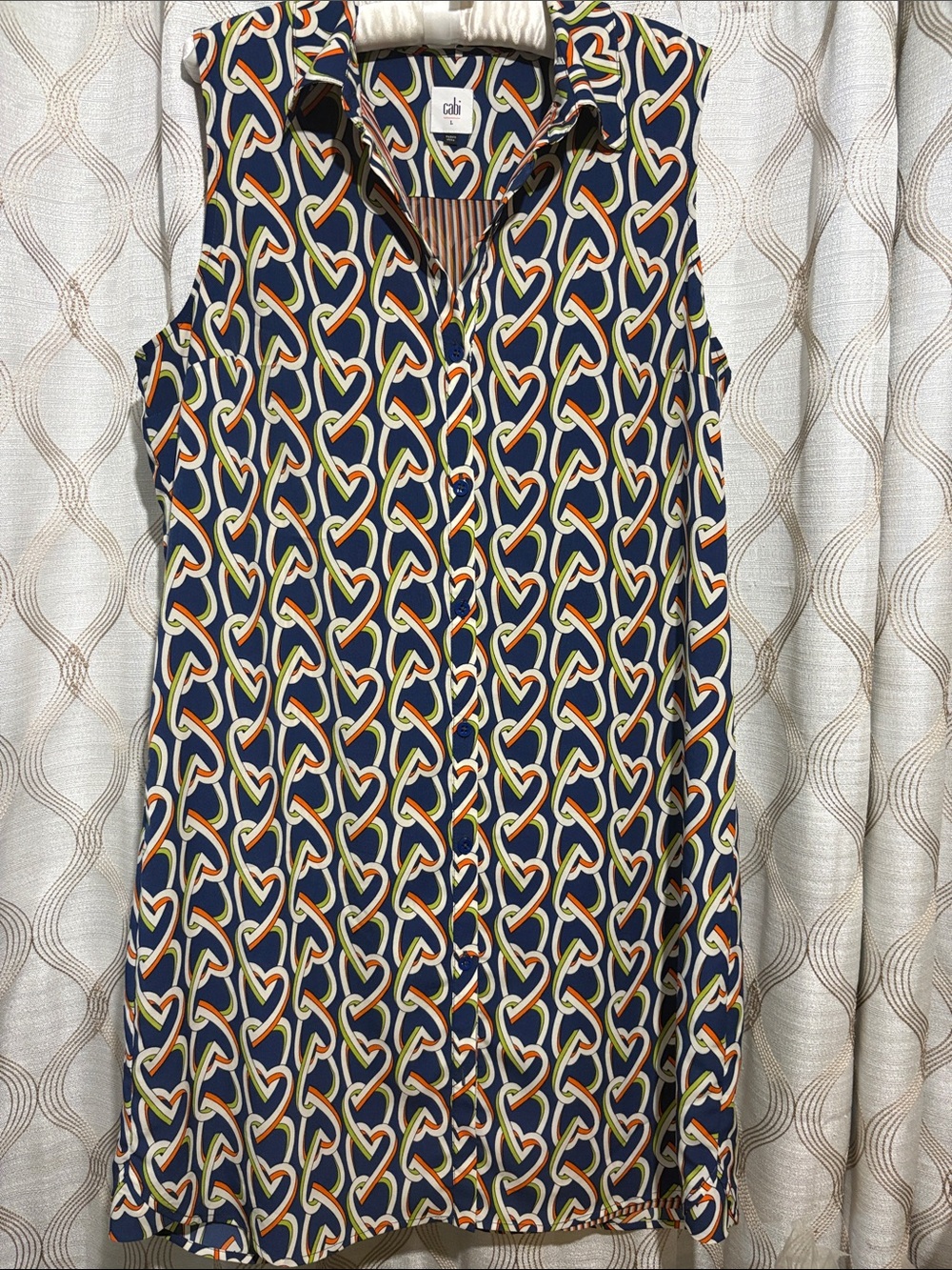 CAbi Navy Multi Heart Chain Sleeveless Button-Up Tunic
